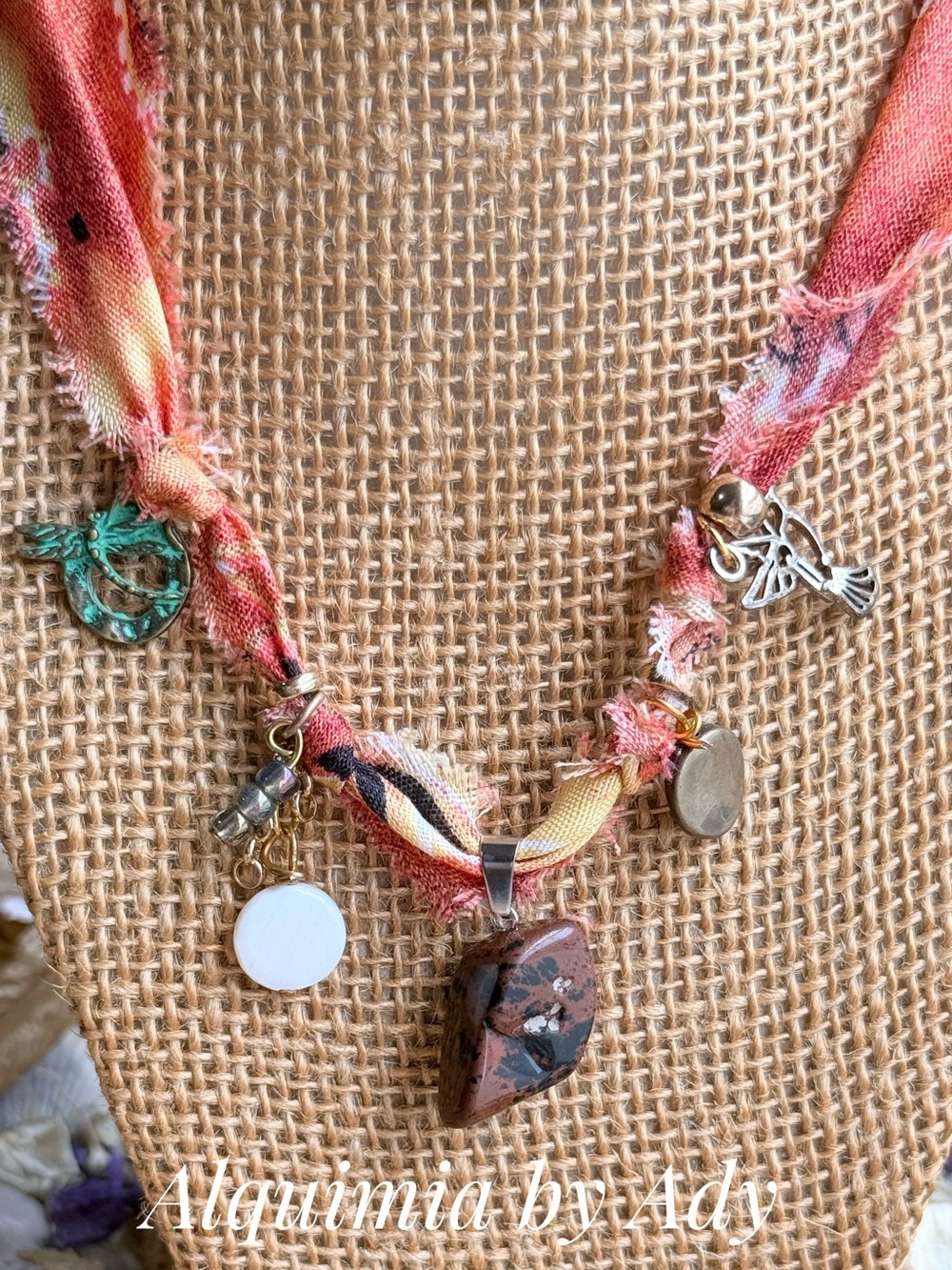 FALL + Coral-Pink Fabric Charms Necklace with Jasper Stone Pendant
